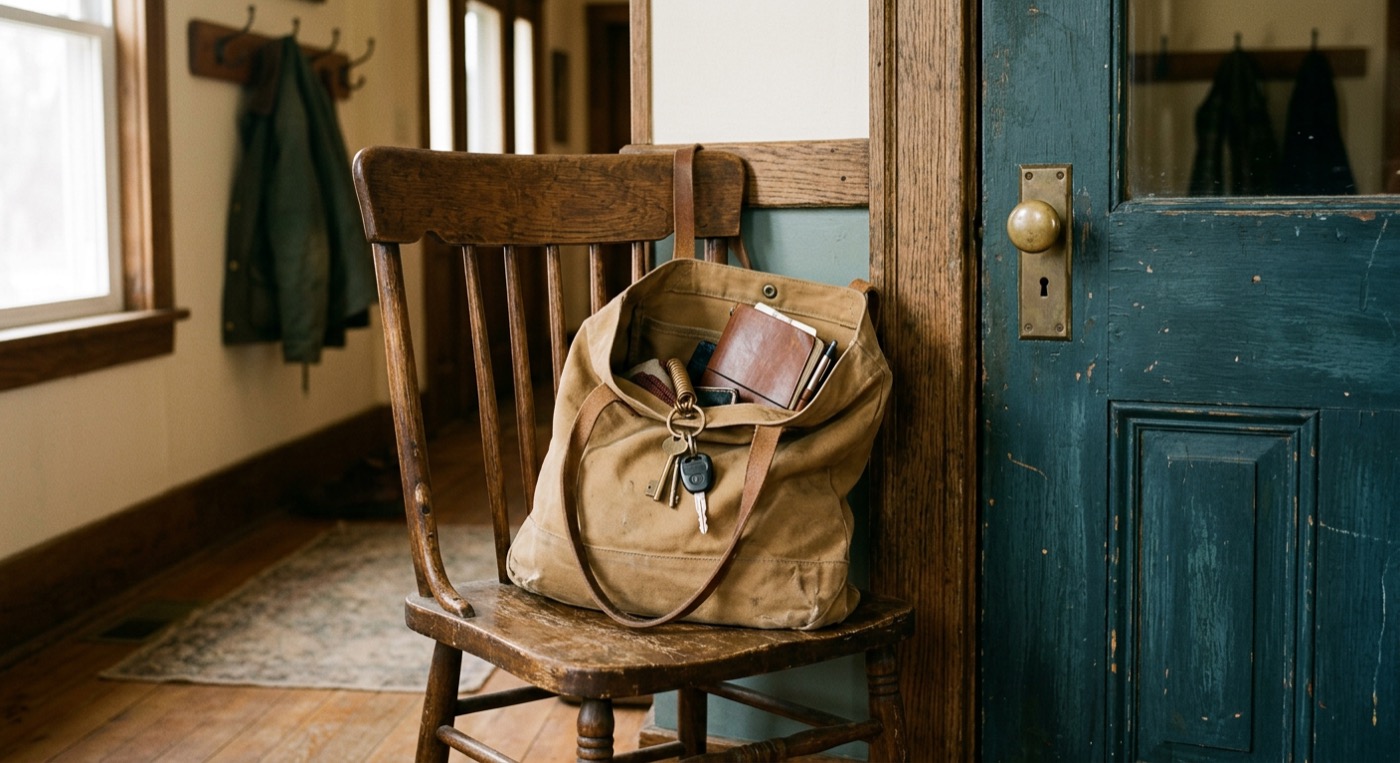 A tan tote bag on a wooden chair near a door