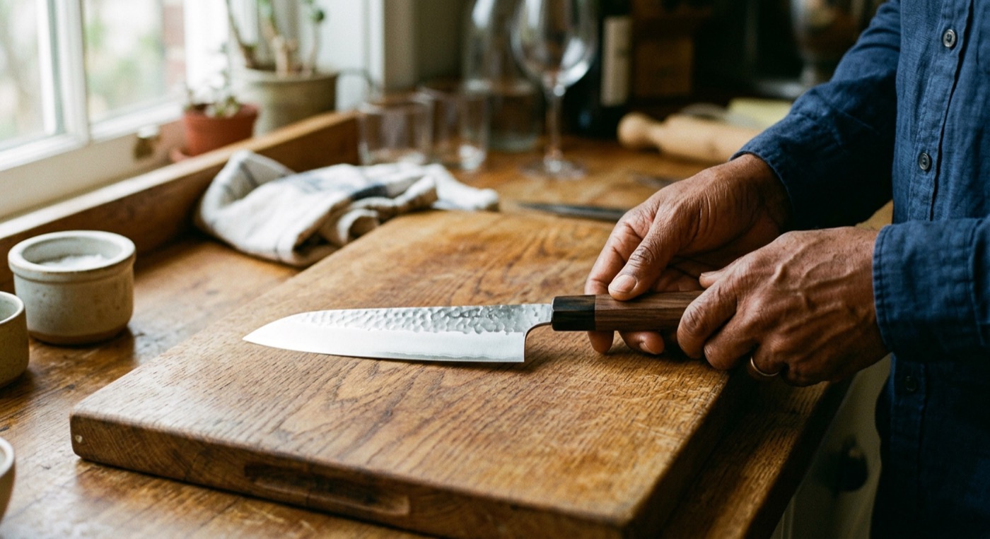 A single Japanese chef knife on a wooden cutting board with warm brown hands at the edge of frame