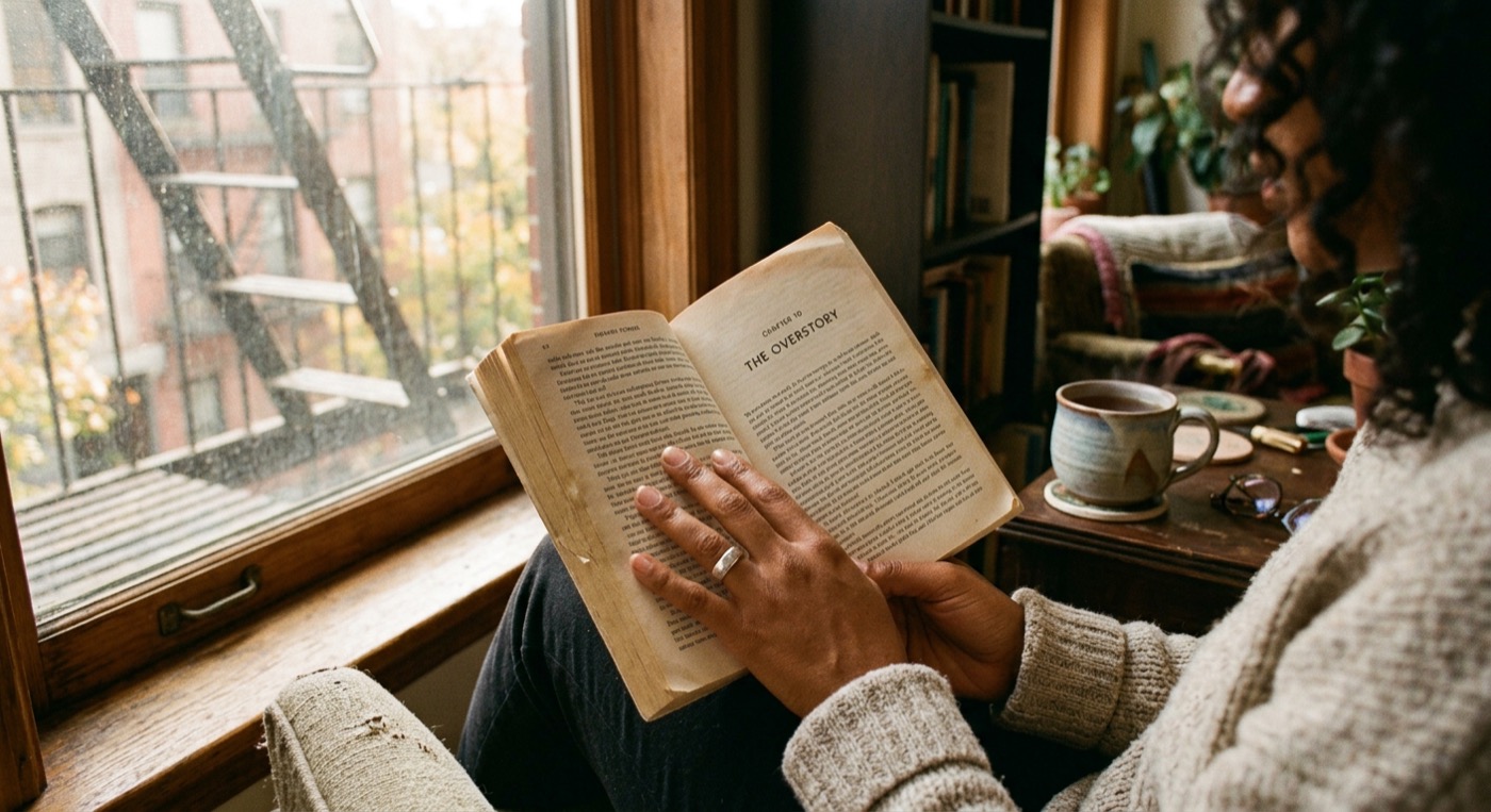 A stack of books on a wooden side table