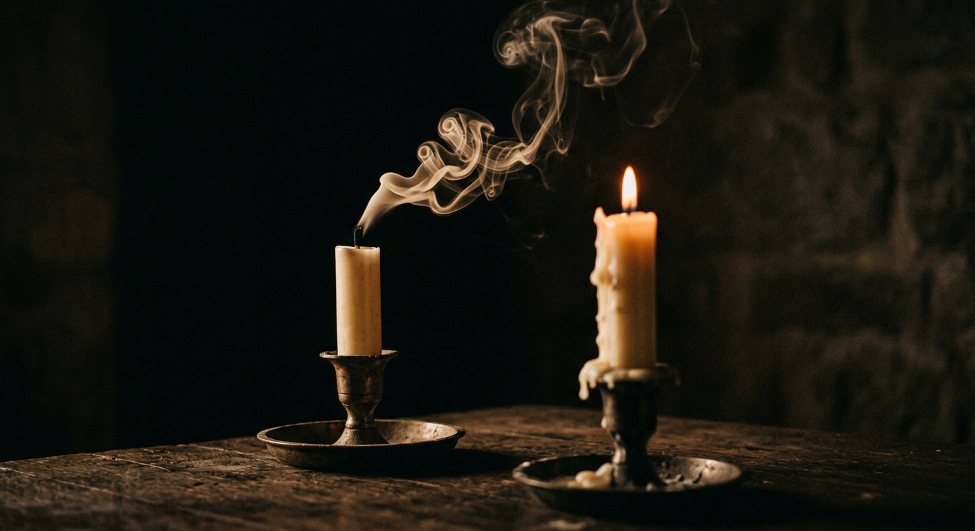 Two candles burning on a dark wooden surface, wax pooling in warm light