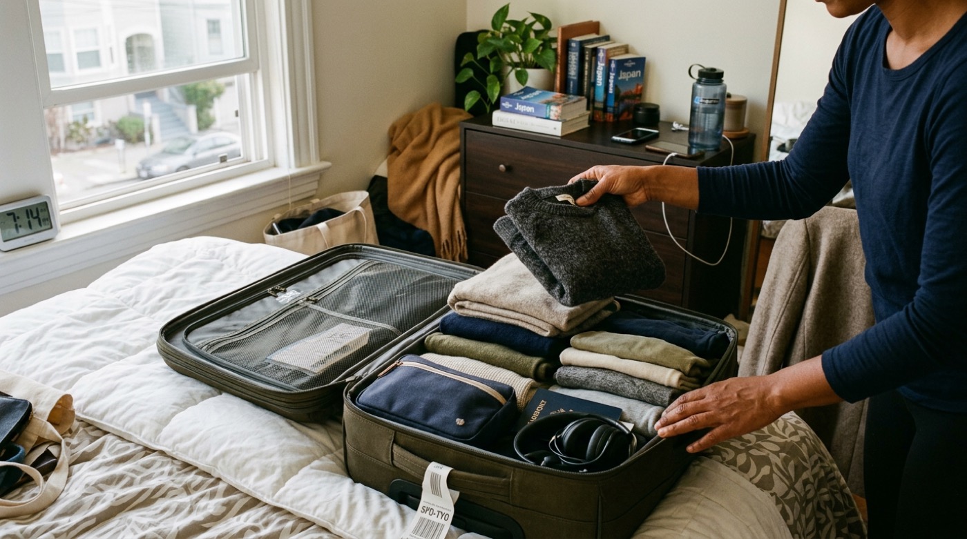 A packed carry-on bag open on a bed with neatly folded clothes in muted tones