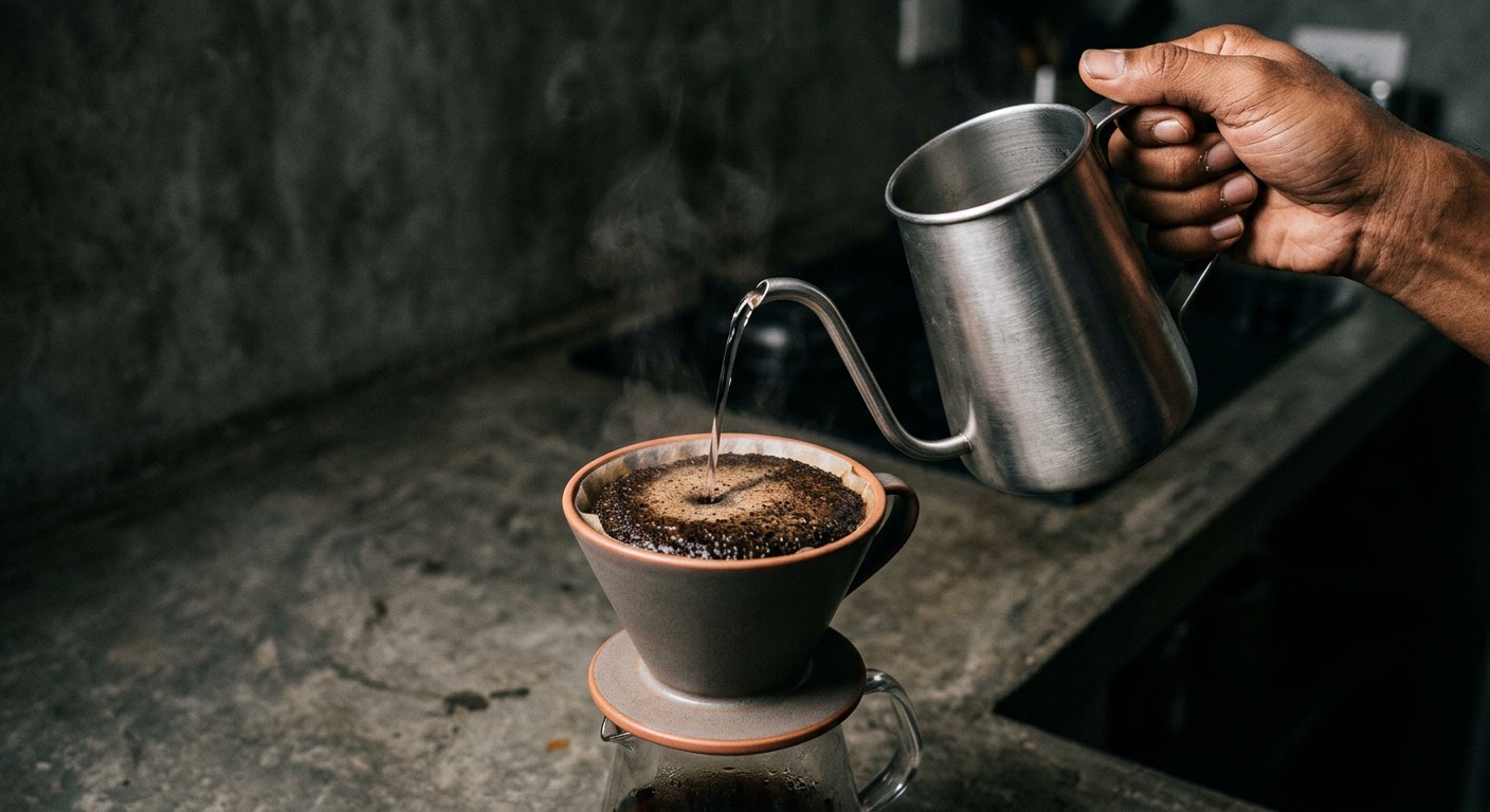 Pour over coffee being brewed in morning light