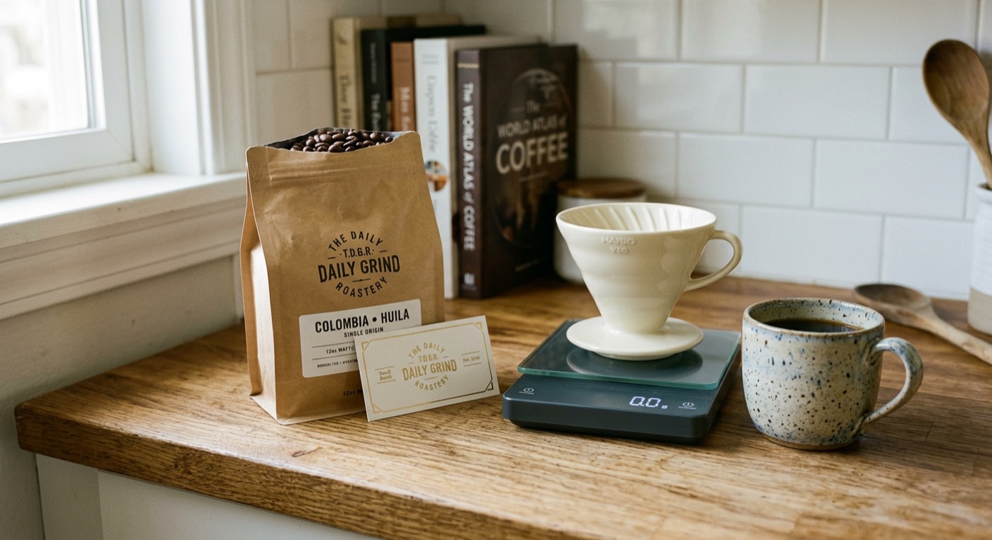 Specialty coffee bag on a kitchen counter with ceramic mug and scale in morning light