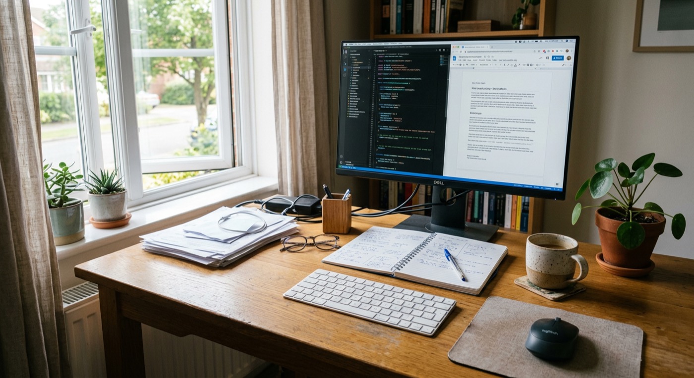 A clean wooden desk by a window with a notebook, ceramic mug, and morning light