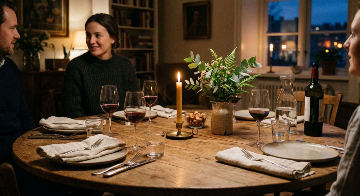 A dinner table set with linen napkins, wine glasses, and evening light