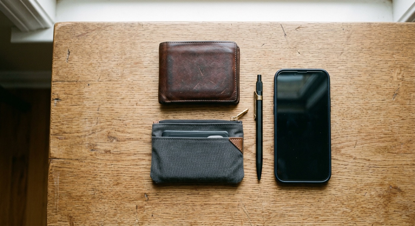 Flat lay of a slim wallet, bag organizer, pen, and phone on a wooden desk