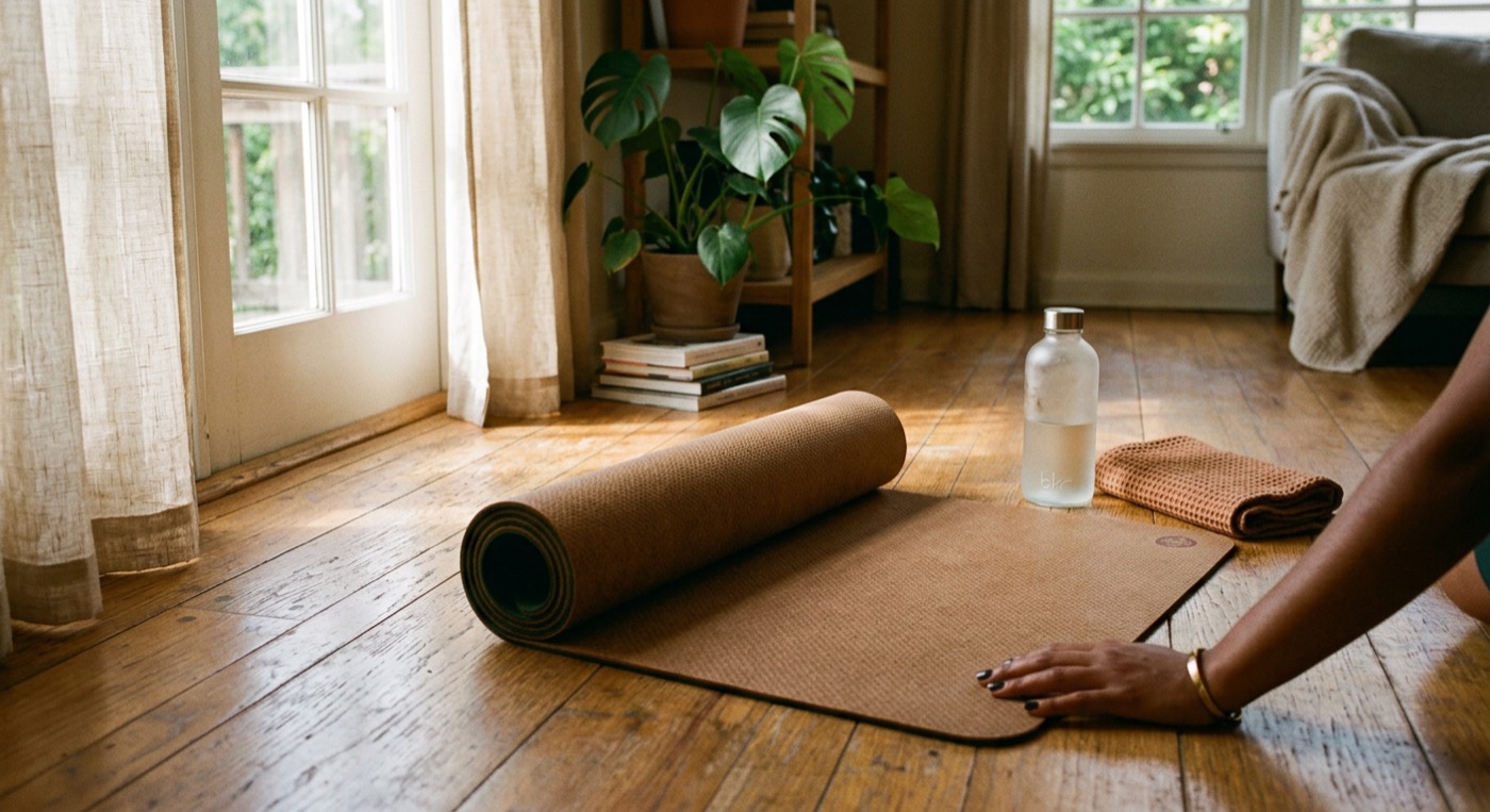 A yoga mat on a wood floor with a water bottle in morning light