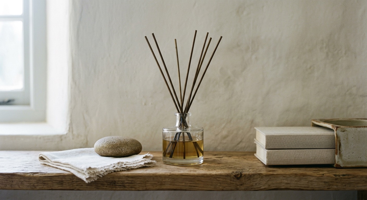 Artisan candles arranged on a minimal surface