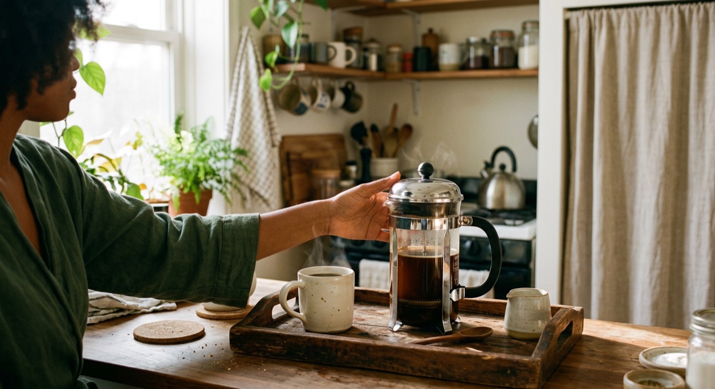 A French press on a wooden tray in morning light