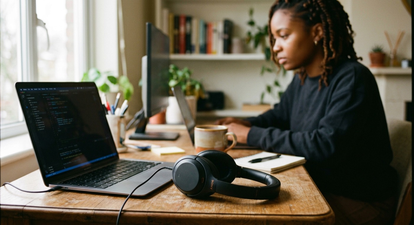 Over-ear headphones on a desk, person with warm brown skin blurred in the background