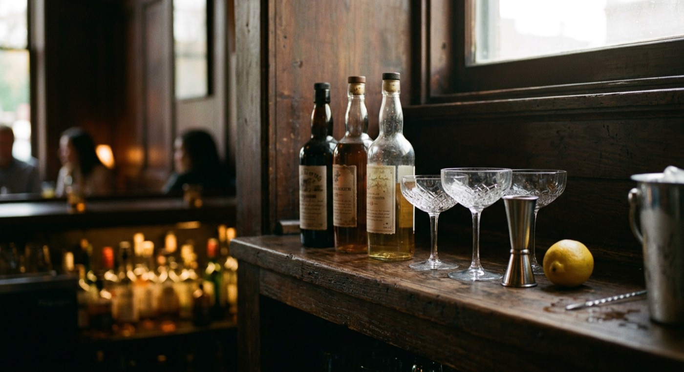 A low wooden shelf with bottles, glasses, a jigger, and citrus in warm evening light