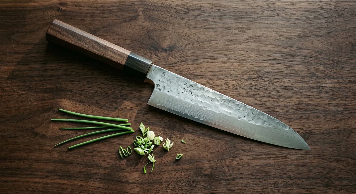 Japanese chef knife on a wooden cutting board