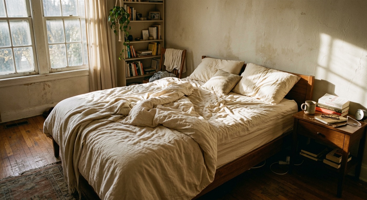 Linen bed in morning light