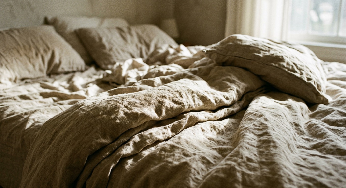 Someone with warm brown skin pulling fresh linen sheets over a bed in morning light