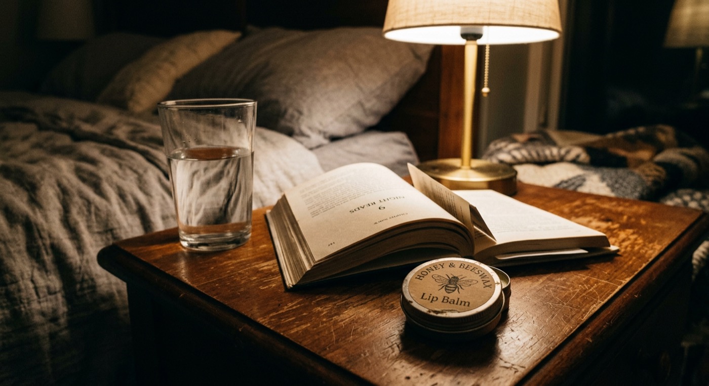 A lip balm tin on a bedside table next to a half-read book in lamp light