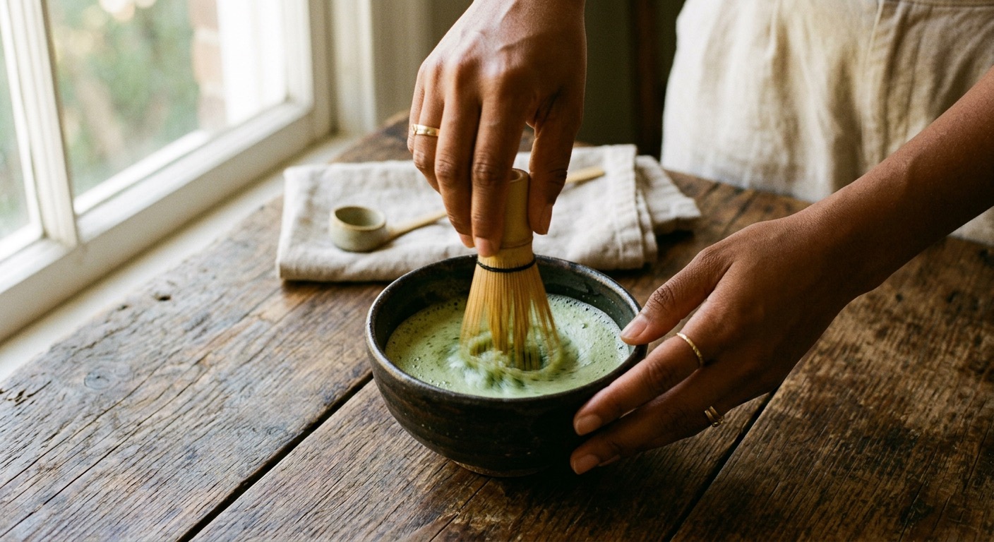 Matcha being prepared with a bamboo whisk