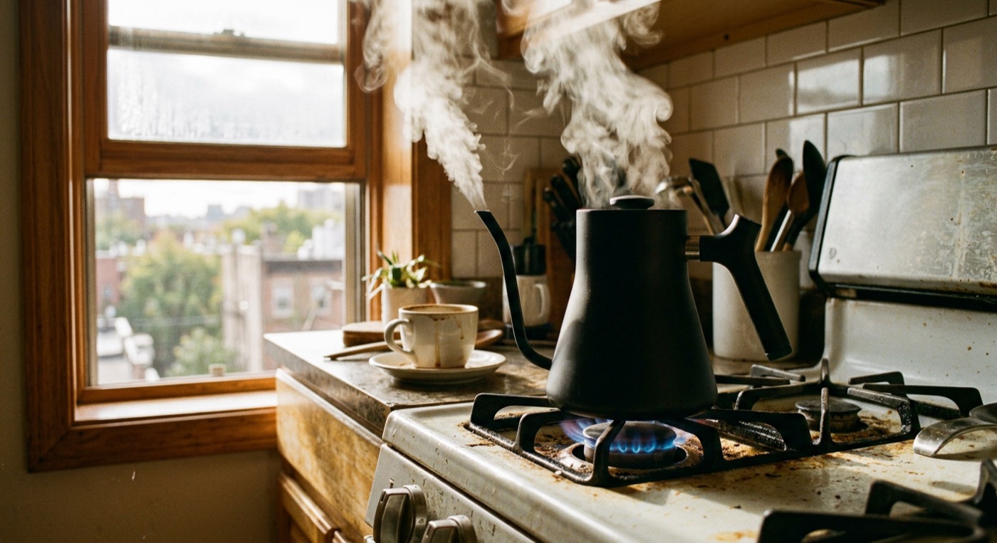 A gooseneck kettle on a stovetop with morning steam