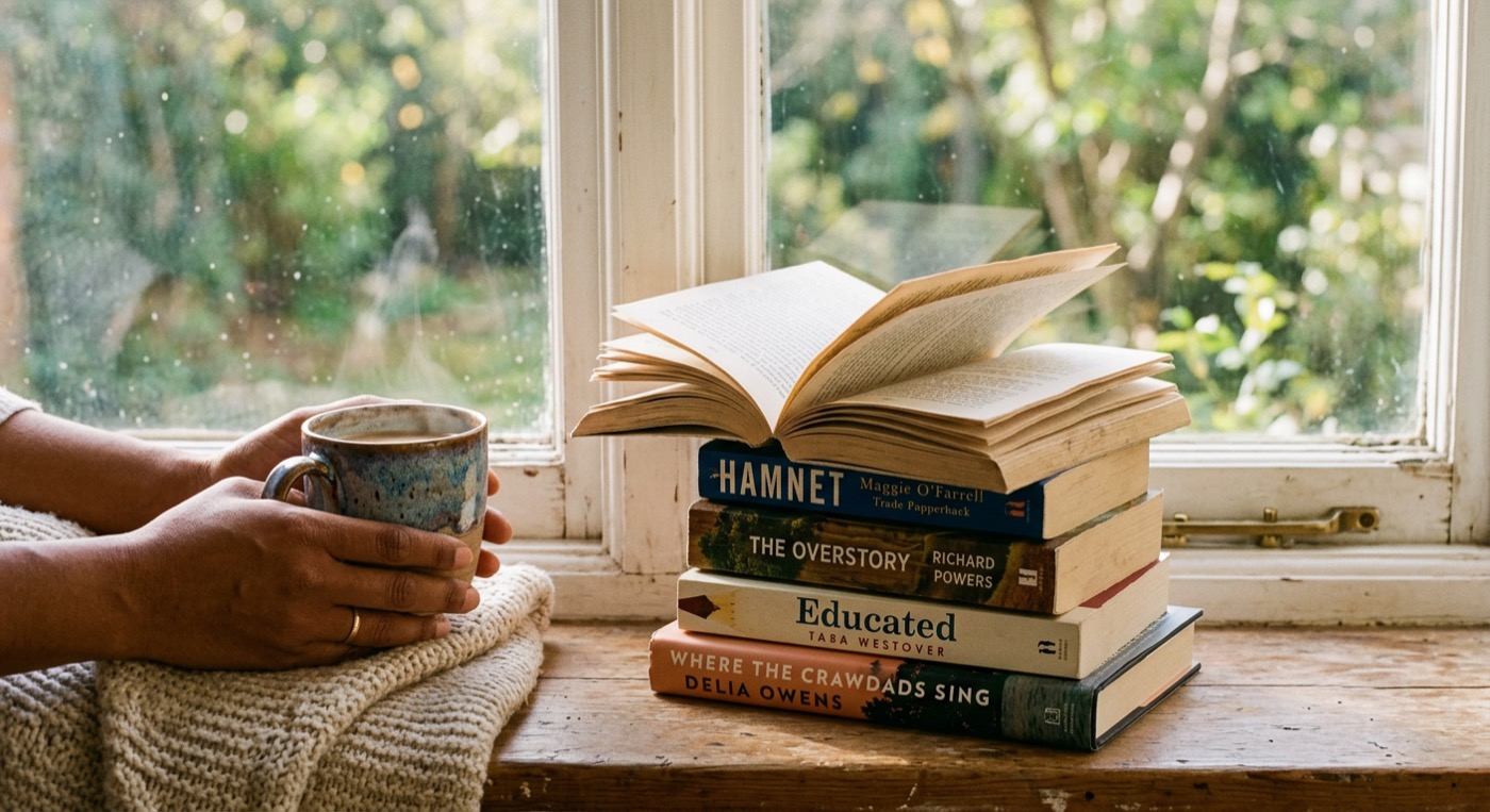 Stack of books on a window ledge with warm brown hands holding coffee in morning light