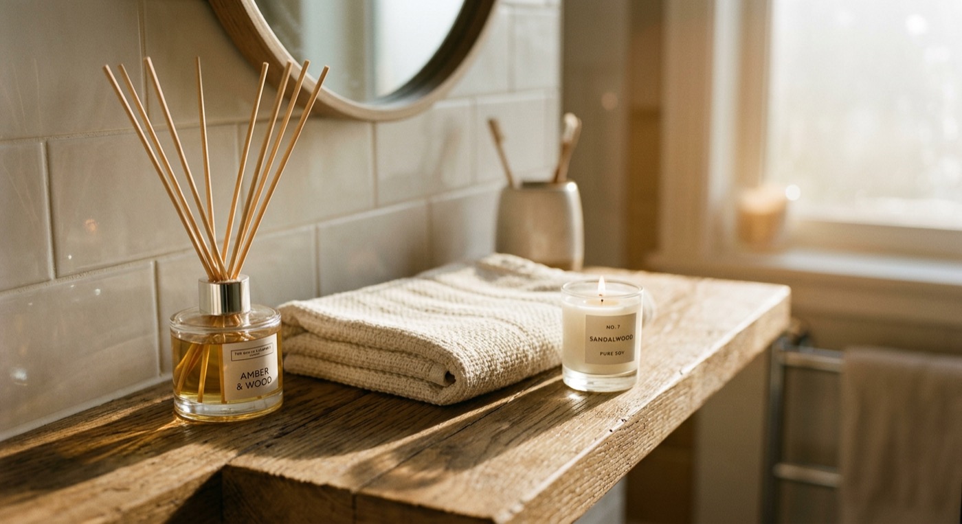 A reed diffuser on a bathroom shelf next to a candle in late afternoon light
