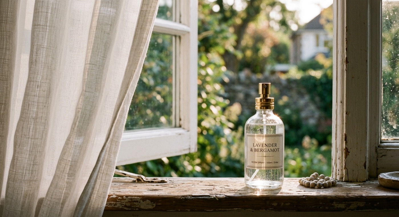 A glass room spray bottle on a window ledge with sheer curtain in afternoon light