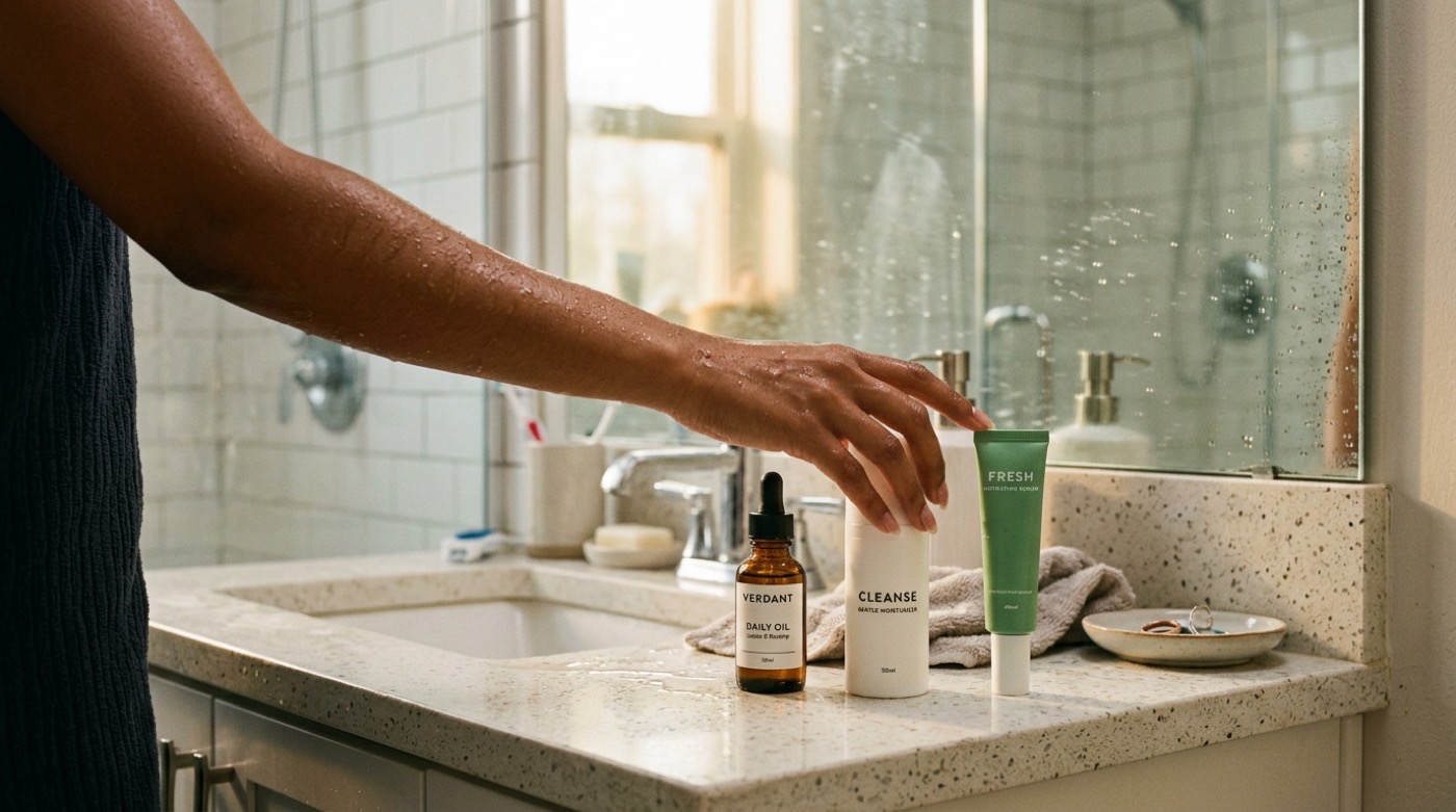 Bathroom counter with three skincare products and warm brown hands in morning light