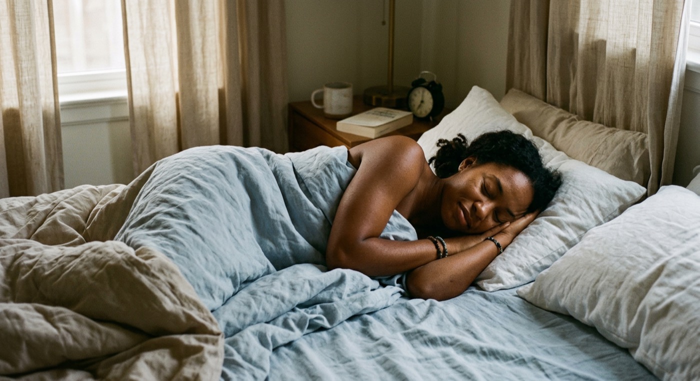 Someone sleeping on their side in linen sheets in soft morning light
