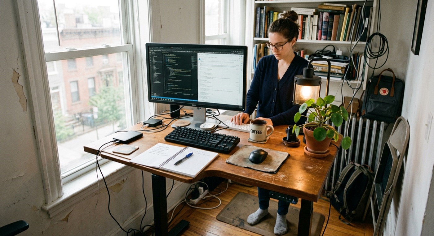 A standing desk in a home office with a monitor, plant, and morning light