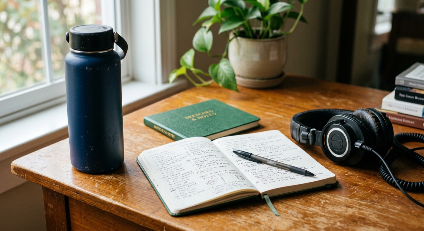 A matte water bottle on a desk next to a notebook and headphones in natural light